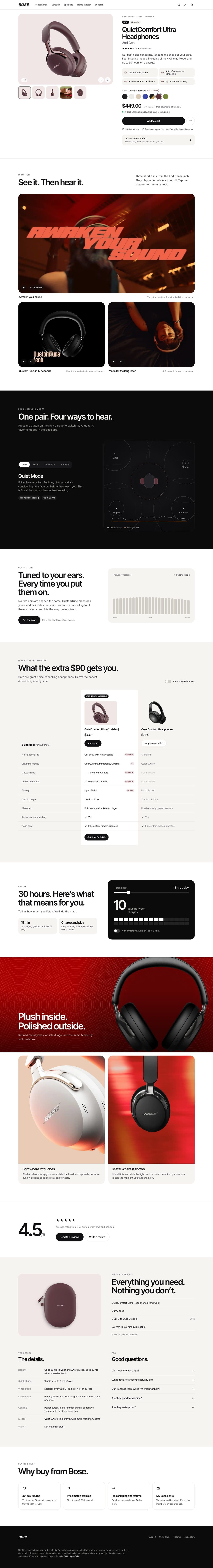 Concept redesign of the Bose QuietComfort Ultra Headphones (2nd Gen) product page: color-matched gallery, launch films, listening-mode diagrams, and an Ultra vs QuietComfort comparison