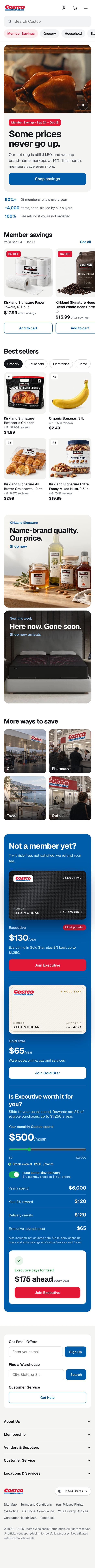 Concept redesign of the Costco homepage: hero video, member savings, best sellers, and membership calculator (mobile)