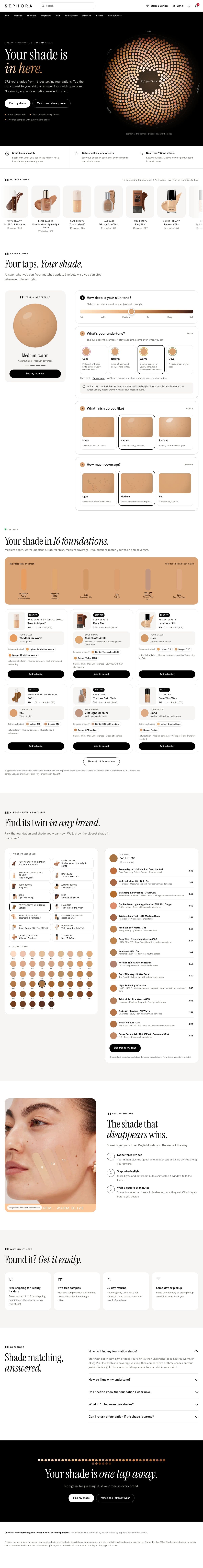 Concept redesign of Sephora's Find My Shade page: a wheel of 672 real foundation shades, a four-tap shade finder with a live preview, and matches across 16 bestselling foundations